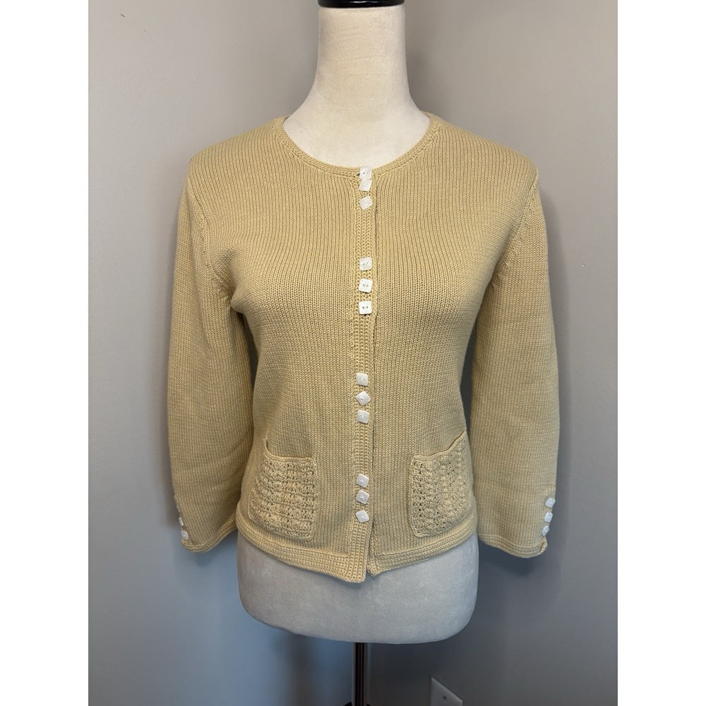 VTG Lauren Hansen Cardigan Sweater 90s Tan Crochet Accent Pockets Ribbed Small